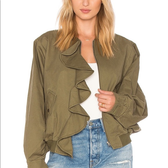 J.O.A. Anthropologie Ruffle Trim Oversized Bomber Jacket in Olive Green - M - Picture 3 of 8